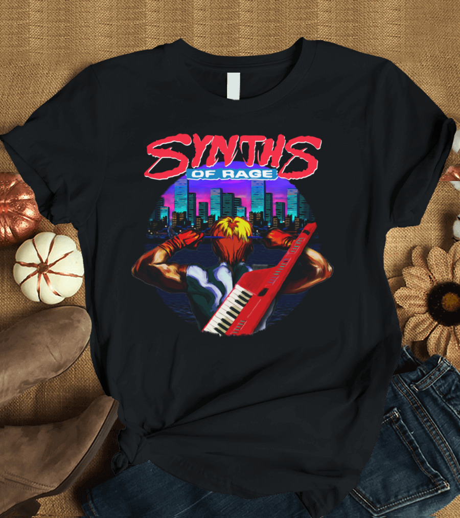 Synths Of Rage Ne Cityscape Synthesizer Game Character T-Shirt