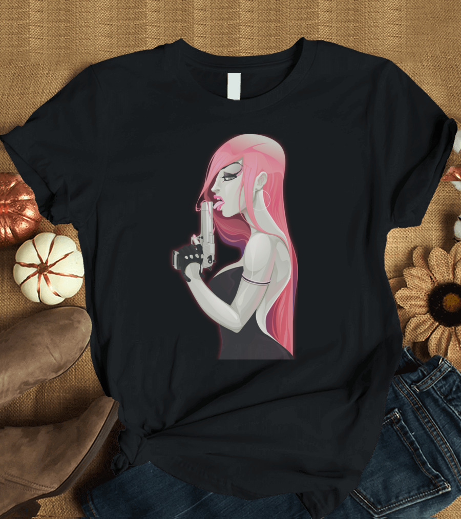 Woman with Pink Hair and Gun T-Shirt