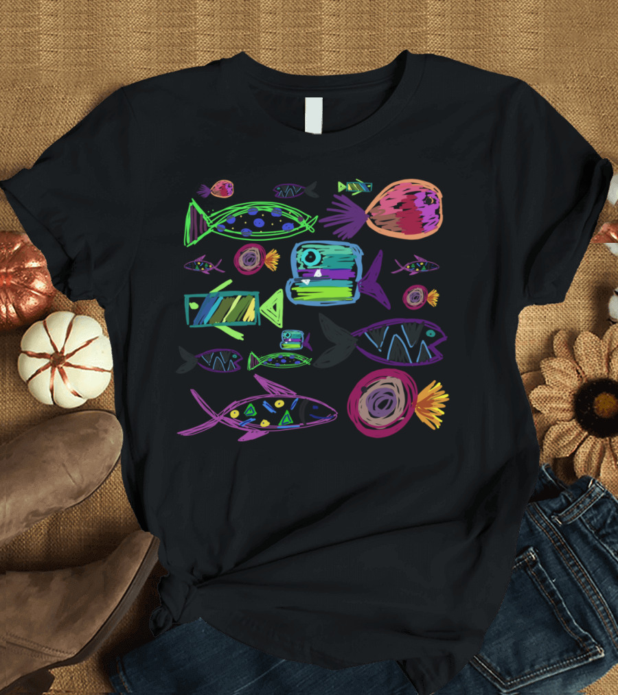 Fish Family Reunion Vibrant Abstract Marine Creatures T-Shirt