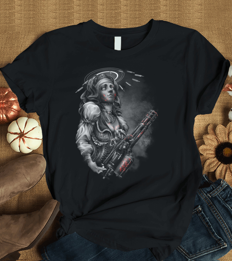 No Mercy Saint with Minigun and Halo of Bullets T-Shirt