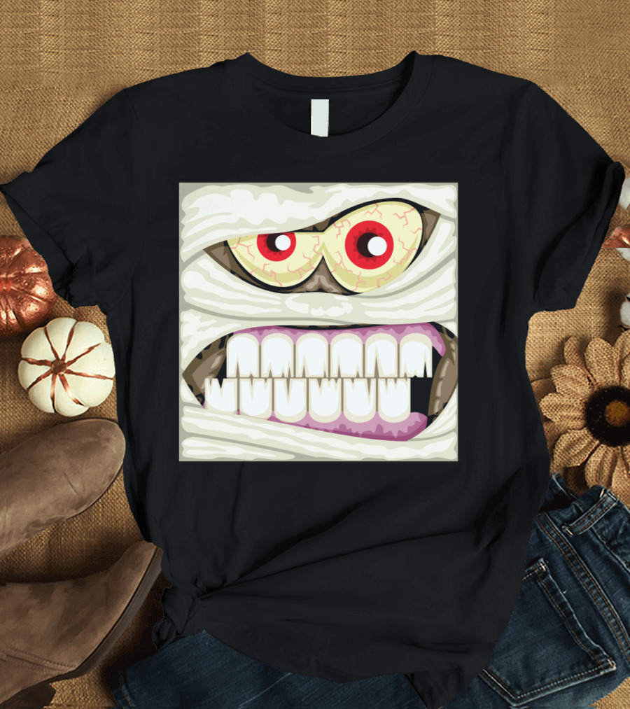 Mummy Eyes and Grinning Teeth Halloween Monster Face T-Shirt
