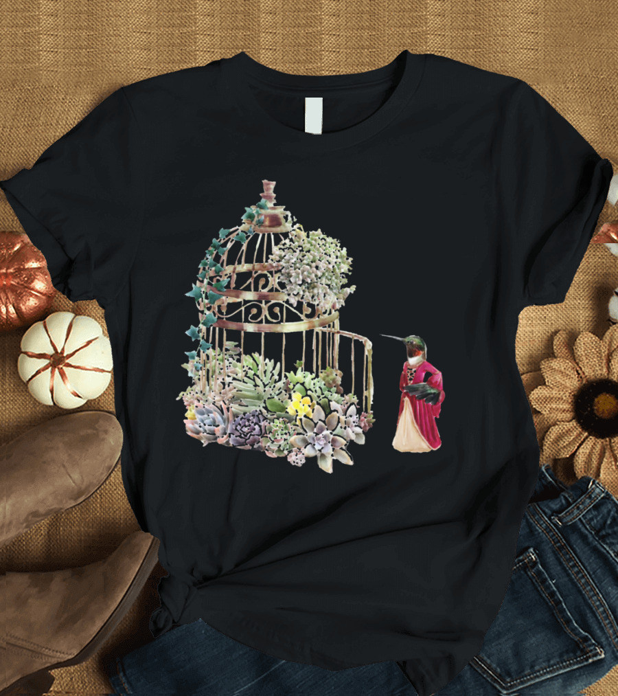 Lady Hummingbird in Succulent Garden Cage with Red Cloak T-Shirt