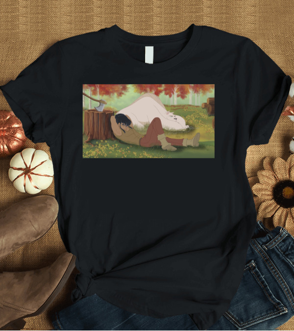 T-Shirt: Restful Autumn Scene with Sleeping Horse and Axe T-Shirt Restful Autumn Scene with Sleeping Horse and Axe T-Shirt