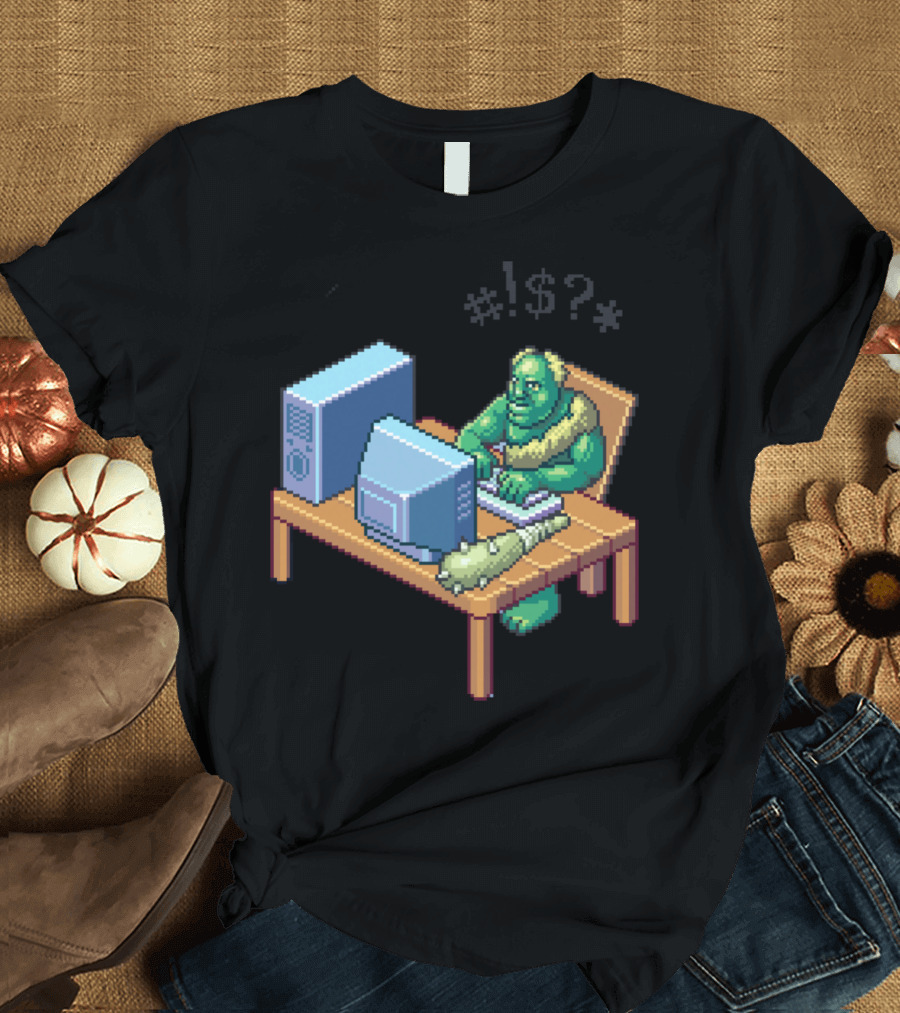 Troll Typing Pixel Art with Computer Desk and Chicken Leg T-Shirt