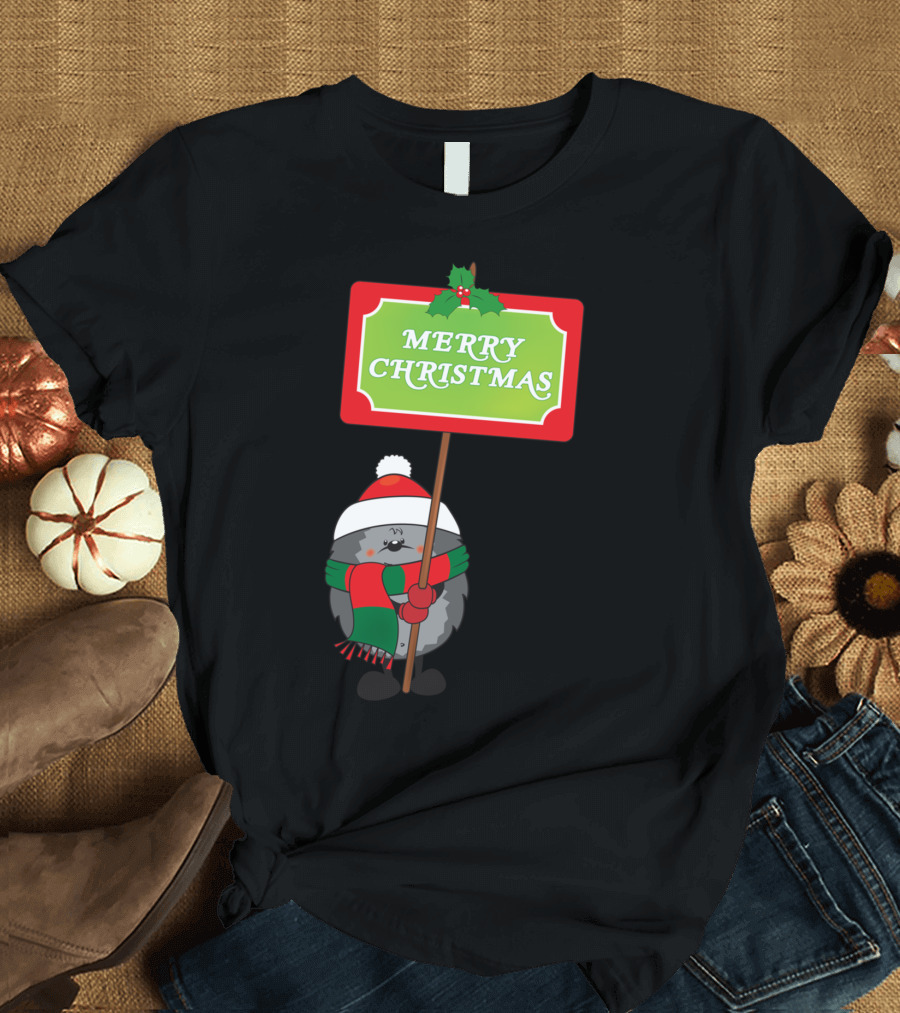 Merry Christmas Hedgehog Festive Sign with Holly and Santa Hat T-Shirt