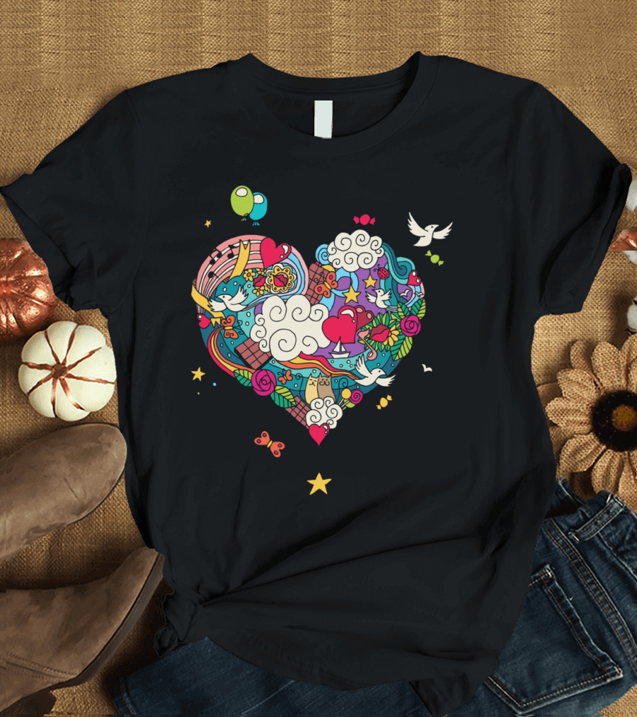 Love Doodle Heart with Balloons, Birds, Clouds, and Stars T-Shirt