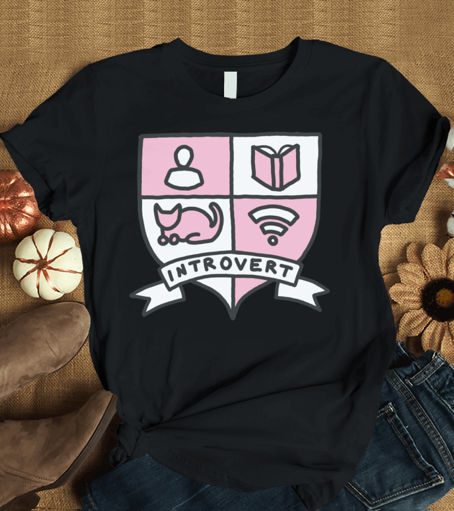 Introvert Crest with Reading Book, Cat, Wifi, and Awkward Symbols T-Shirt