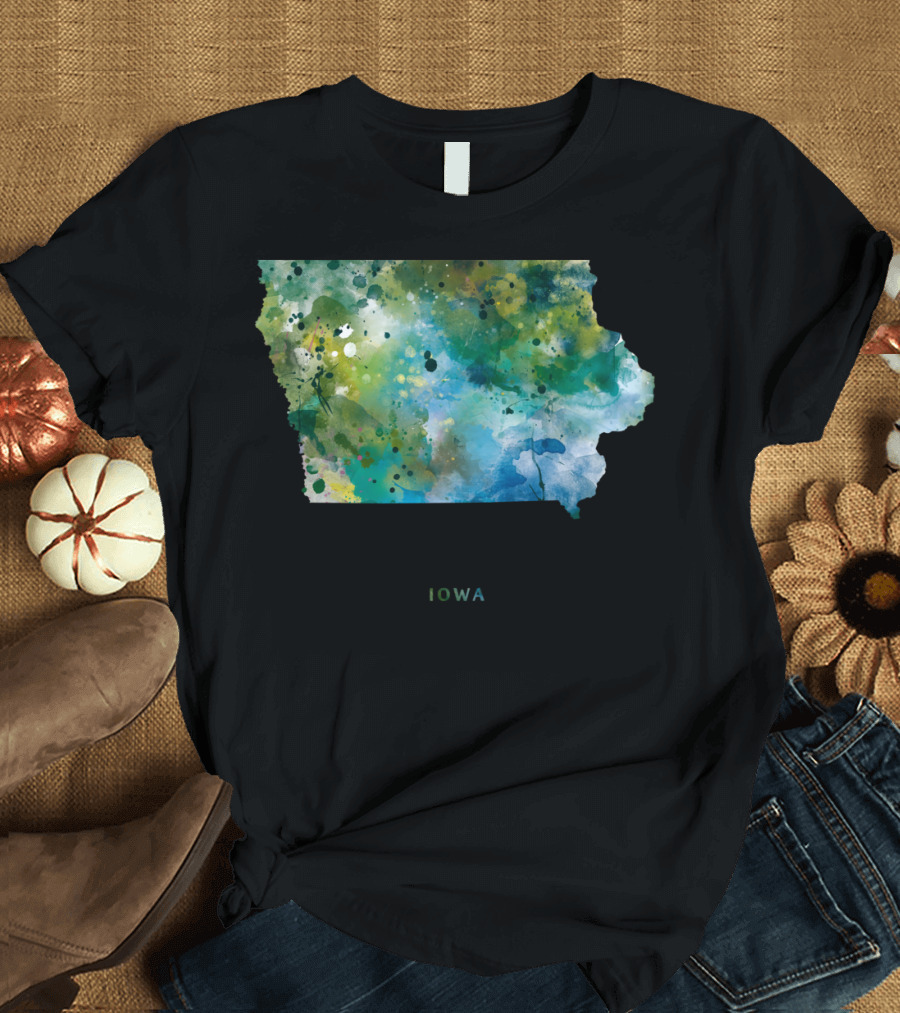 Iowa Watercolor Map Green and Blue T-Shirt