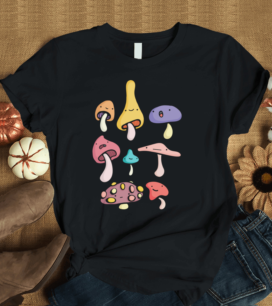 Mushroom Dudes Illustrations with Smiling Faces and Varied Colors T-Shirt