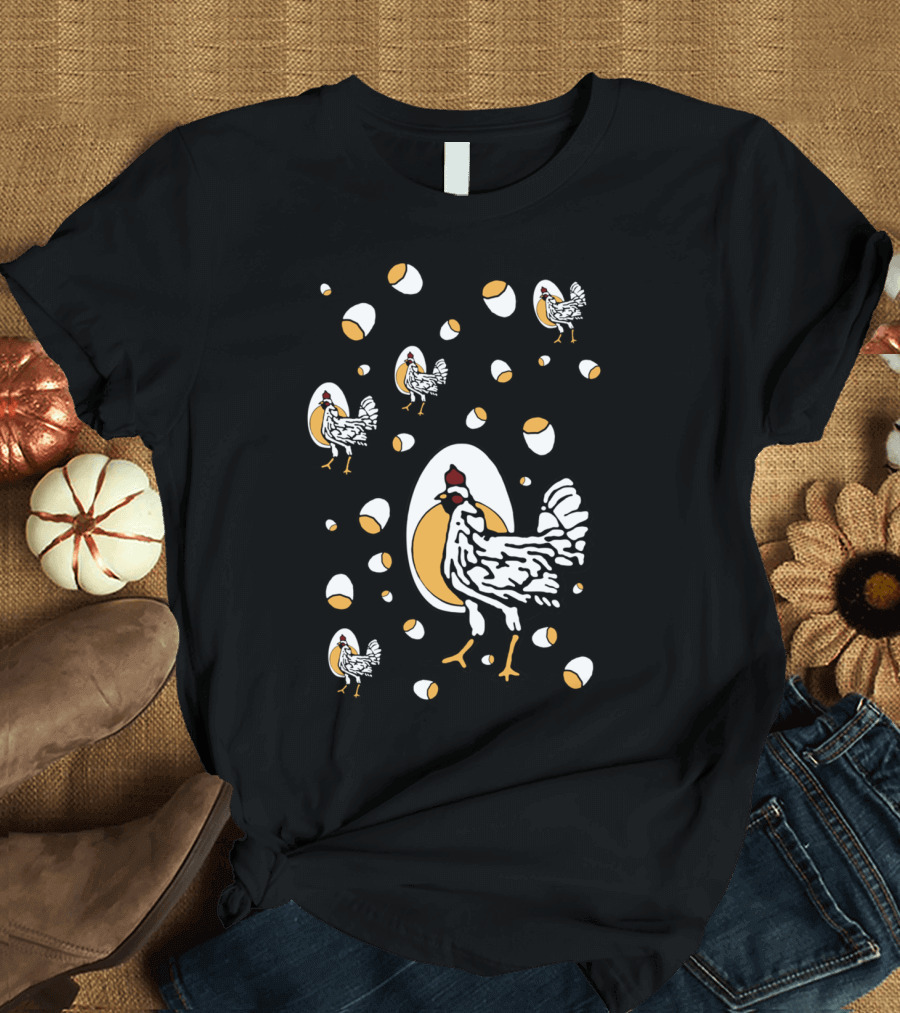 Retro Chickens And Eggs Pattern with Vintage Style Chickens and Eggshell Motif T-Shirt