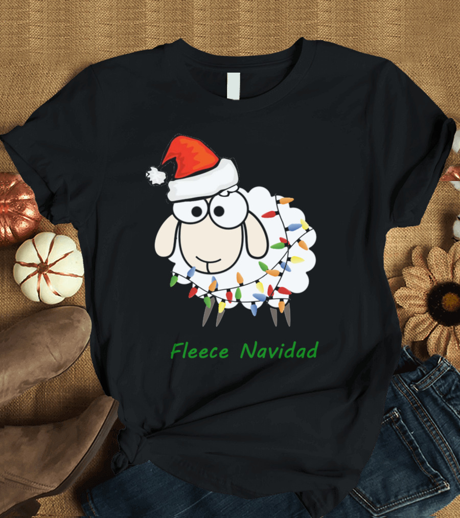Fleece Navidad Christmas Sheep Santa Hat Festive Lights T-Shirt