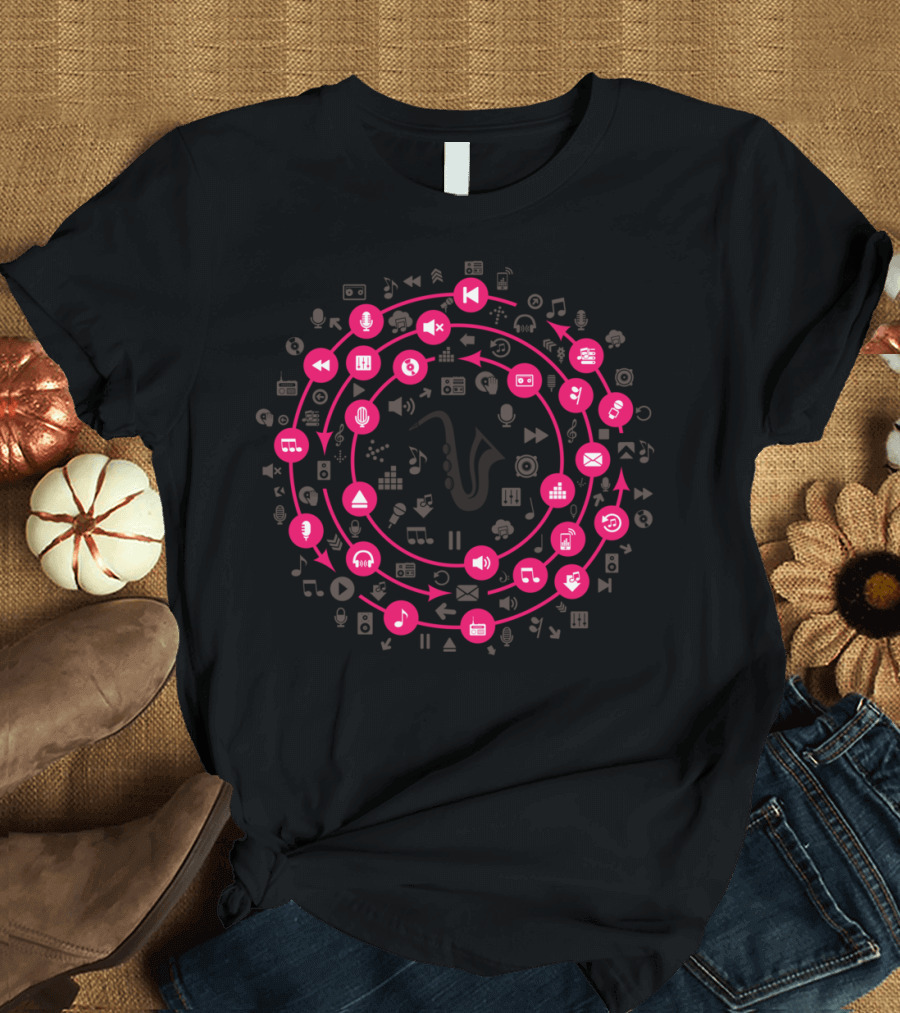 Music Circulation Audio Icons and Saxophone Outline Circle T-Shirt