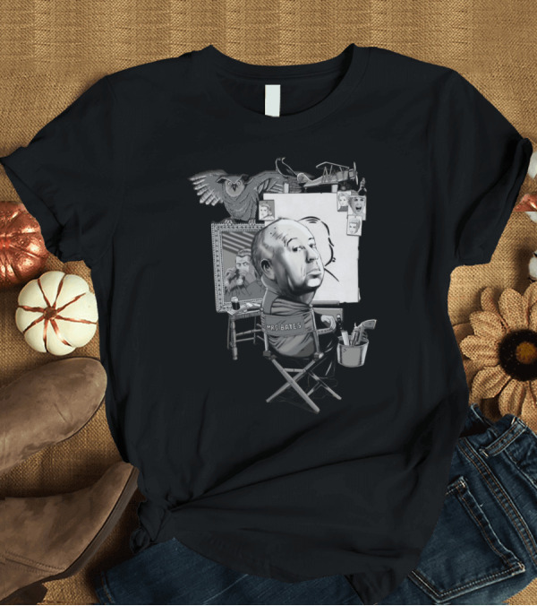 T-Shirt: Sir Alfred Hitchcock Mrs Bates Director Chair Sketch with Film Props and Classic Owl T-Shirt Sir Alfred Hitchcock Mrs Bates Director Chair Sketch with Film Props and Classic Owl T-Shirt