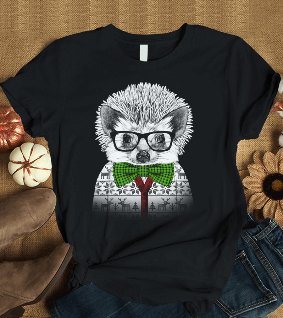 Professor Hedgehog Black Glasses Green Bow Tie T-Shirt