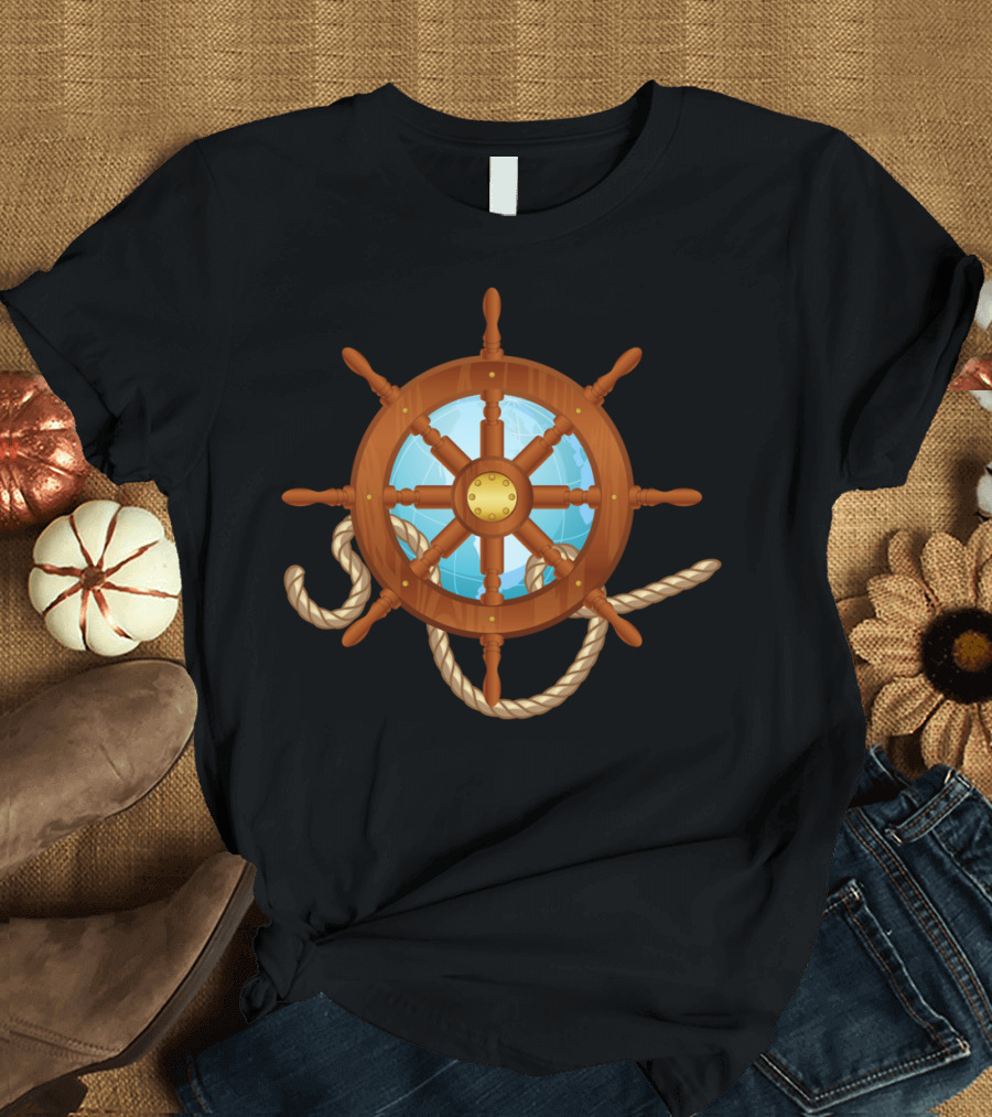 Traveling Helm Nautical Steering Wheel with World Map and Rope T-Shirt
