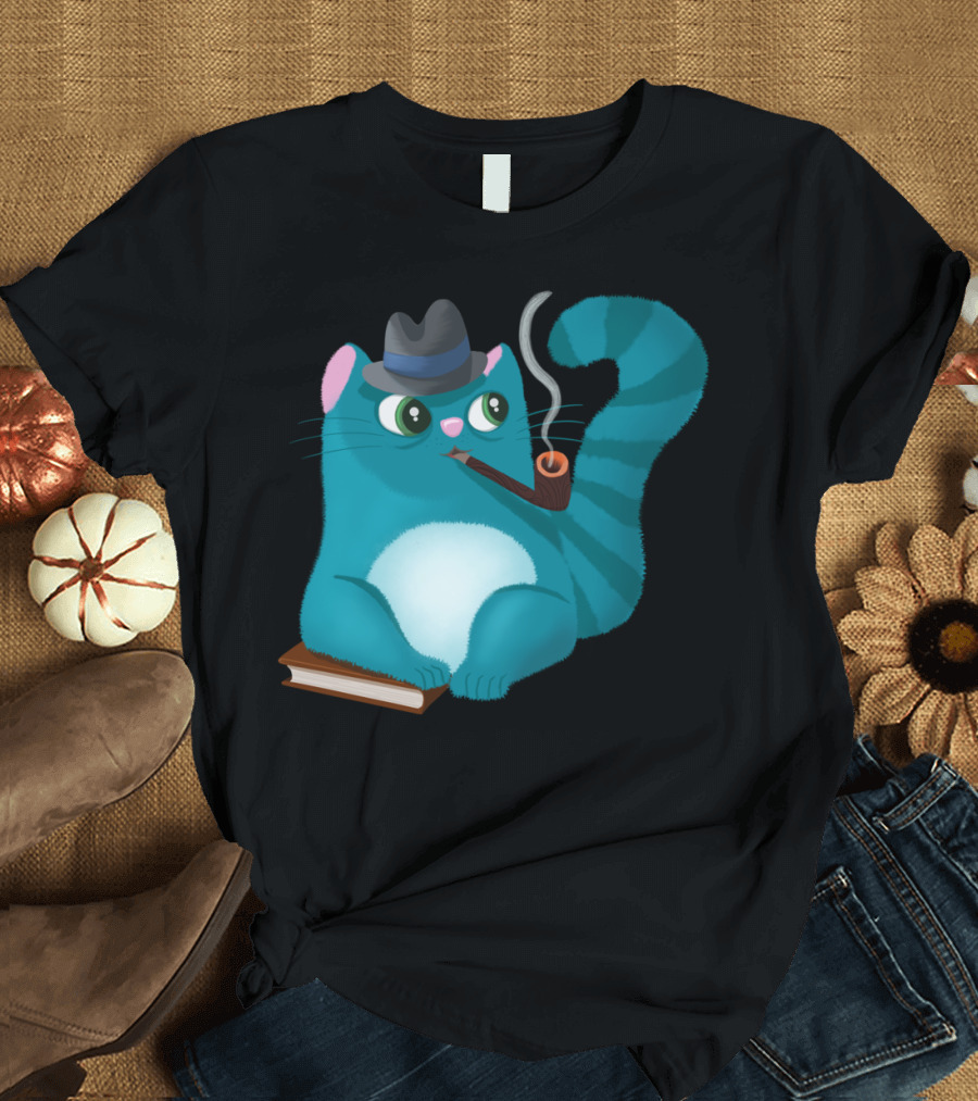 Professor Kitty Smoky Pipe Fedora Book Cat T-Shirt
