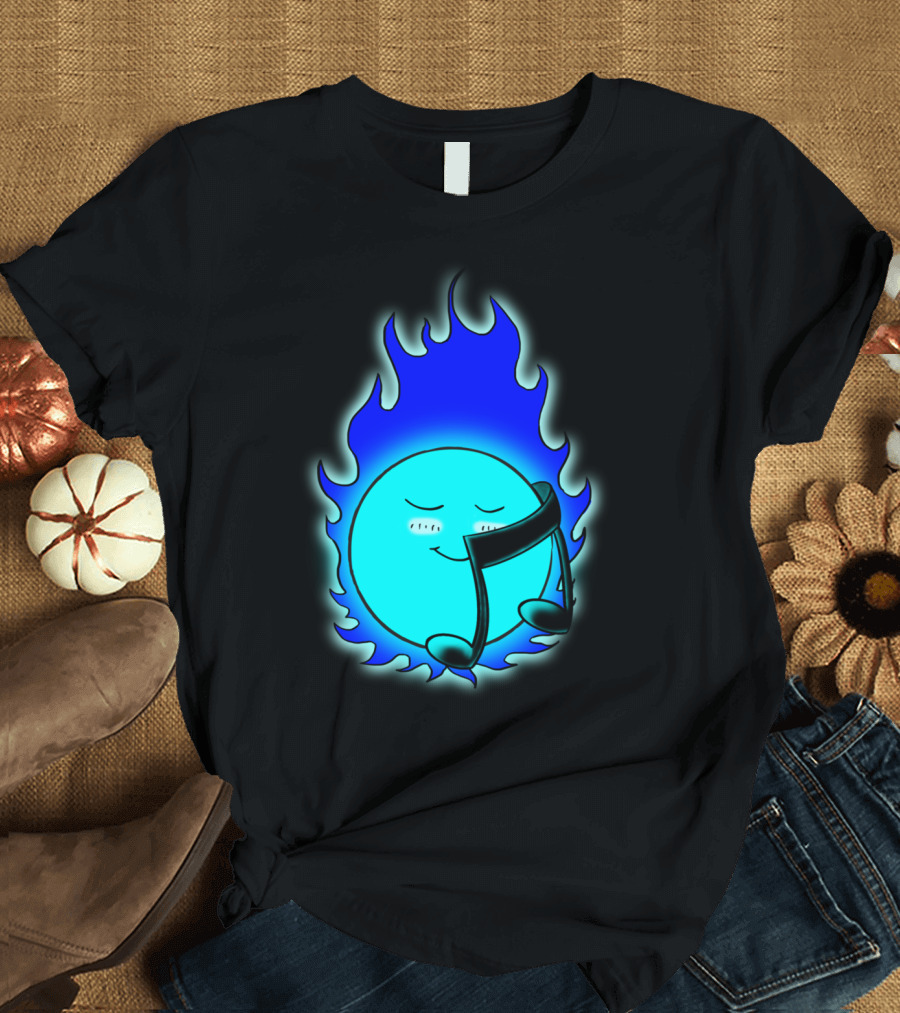 Flaming Blue Music Note Embracing Smiling Globe T-Shirt