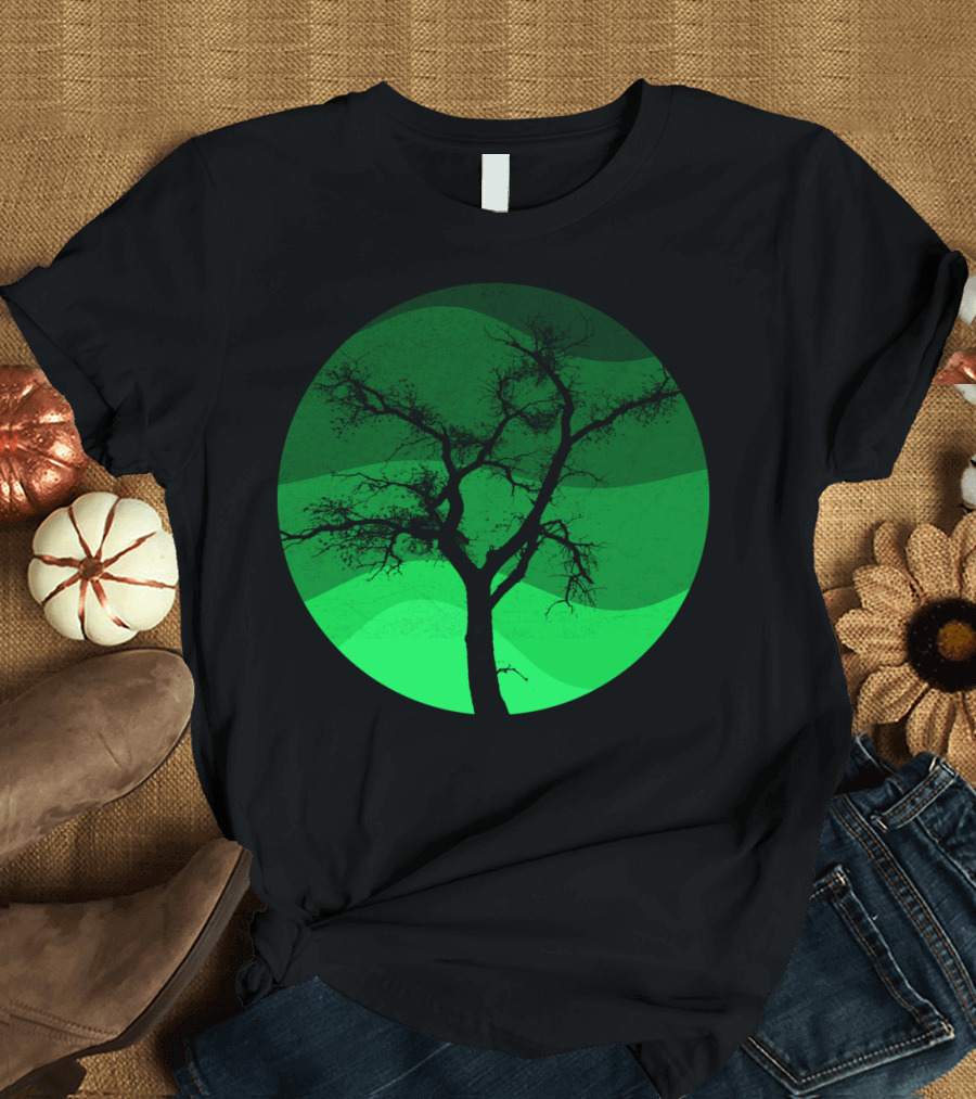 Tree Green Circle Nature Silhouette in Dark Green Circle T-Shirt