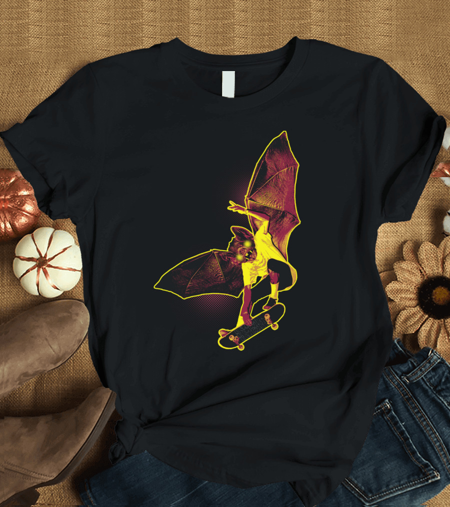 Skateboarding Bat Creature with Outstretched Wings T-Shirt
