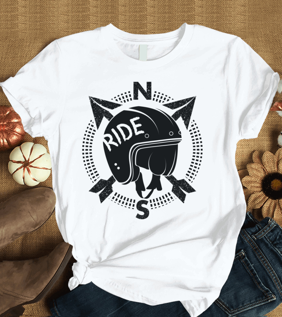 Ride Retro Motorbike Helmet Compass Arrows T-Shirt