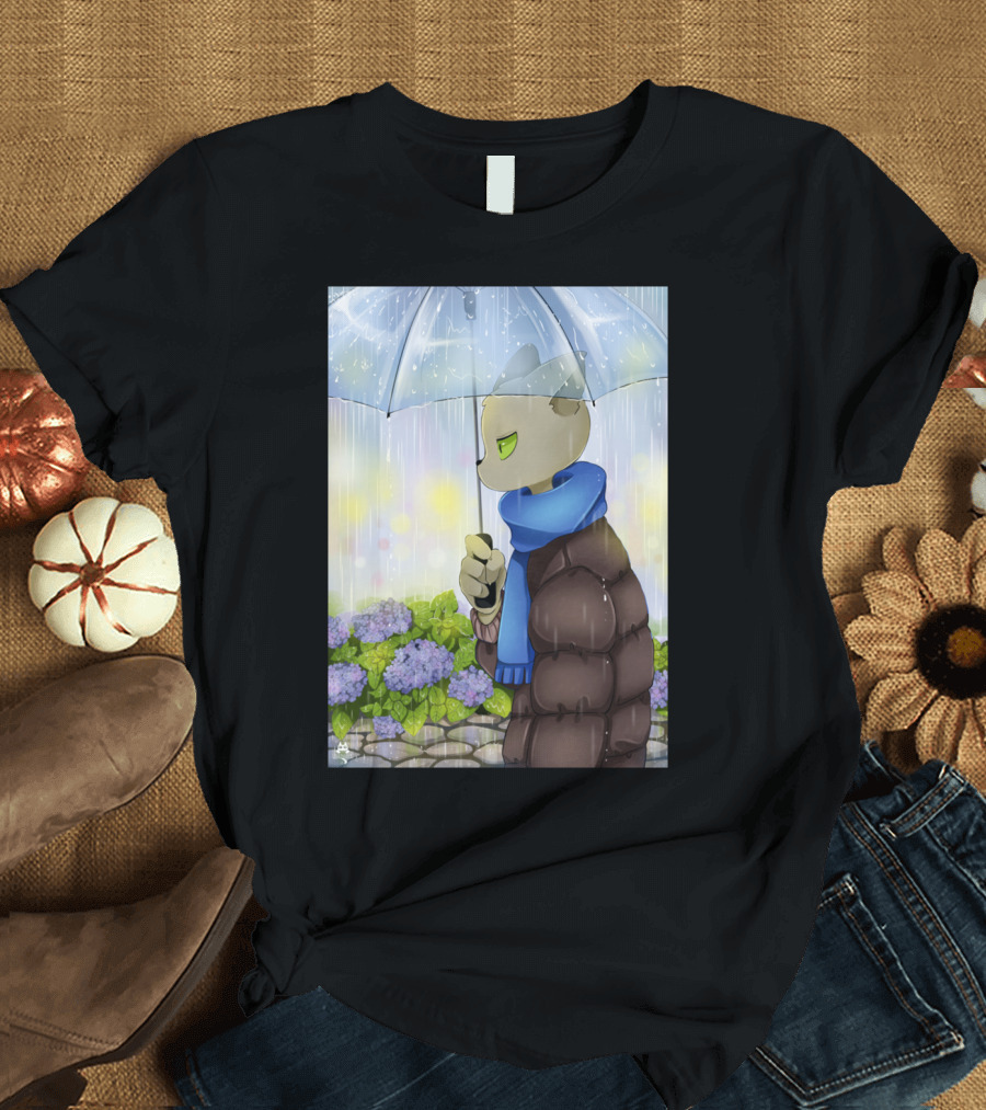 Teacher Cat Holding Umbrella in Rain with Blue Scarf and Flowers T-Shirt