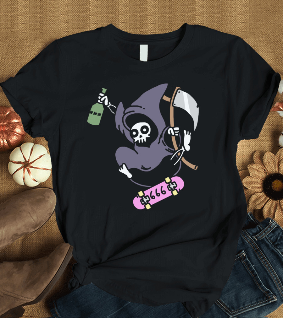 Skate Or Die Grim Reaper 666 Skateboard Rider with Scythe and Bottle T-Shirt