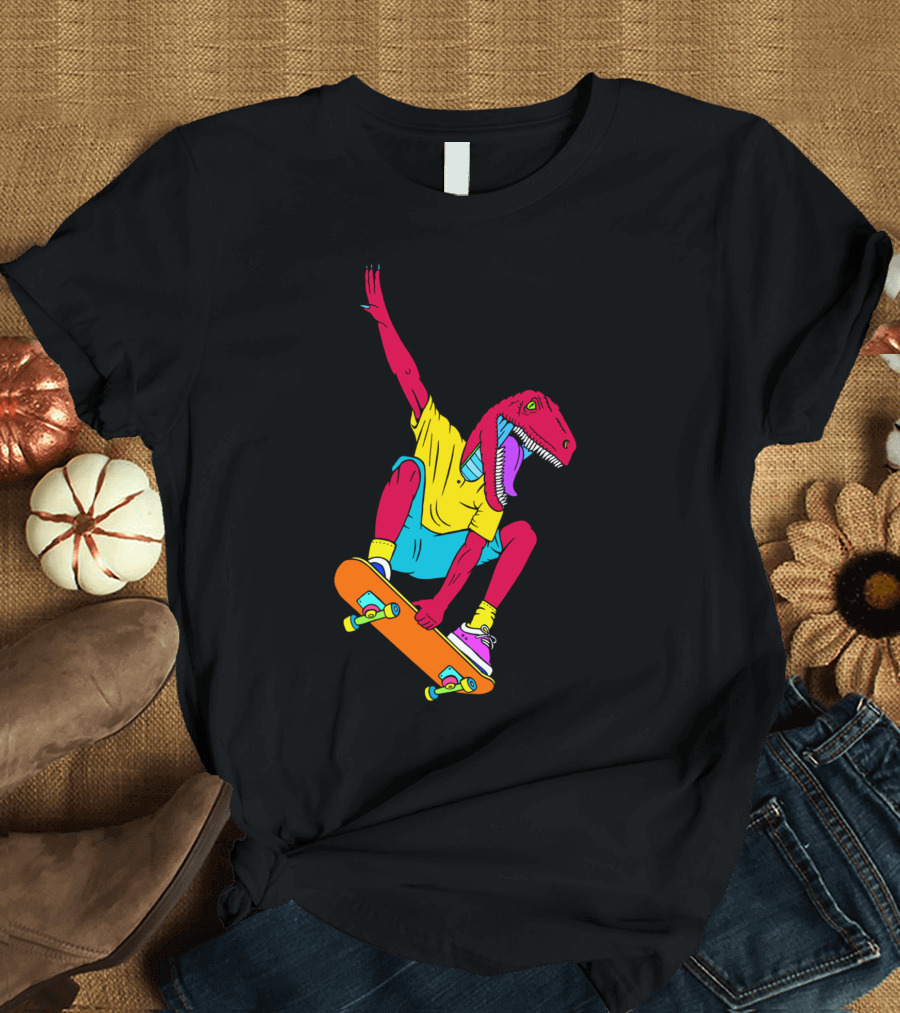 Skate Raptor Dinosaur on Orange Skateboard in Bright Colors T-Shirt