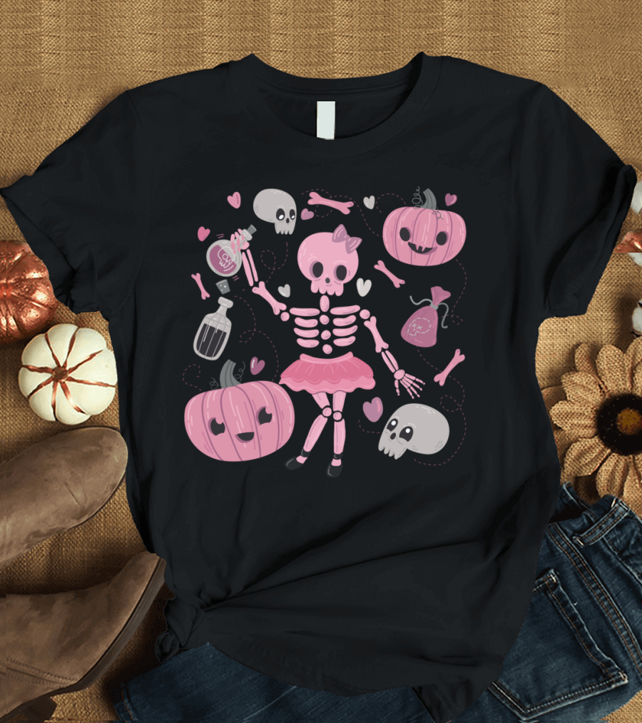 Love Potion Skeleton Dance Pink Halloween Pumpkins T-Shirt