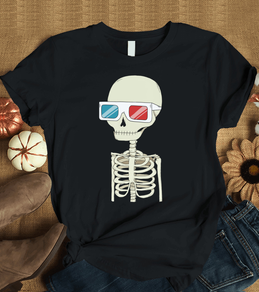Skeleton Wearing Red and Blue 3D Glasses T-Shirt