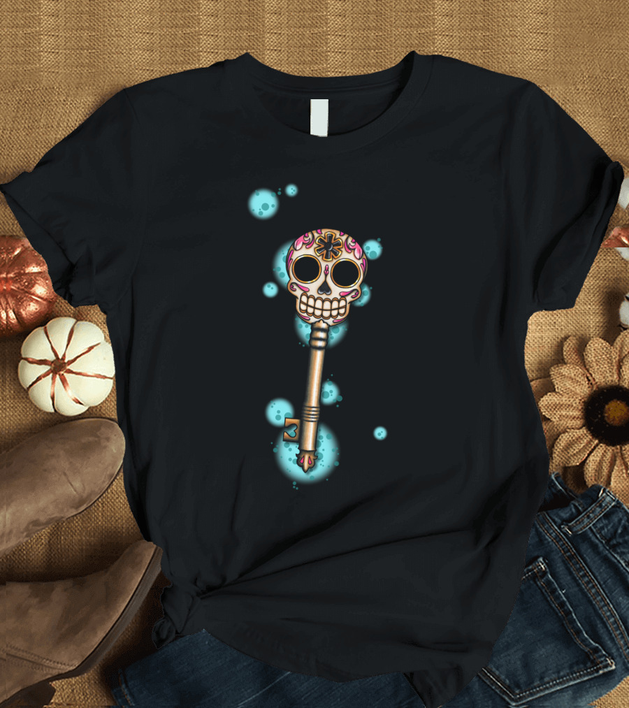 Skeleton Key Dia De Los Muertos Sugar Skull Bright Neon T-Shirt