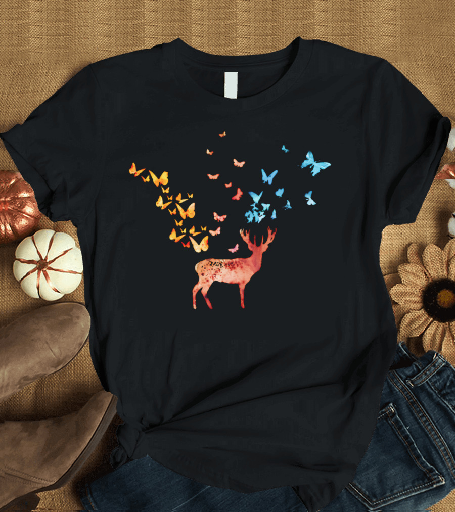 Deer And Colorful Butterflies Transformation T-Shirt