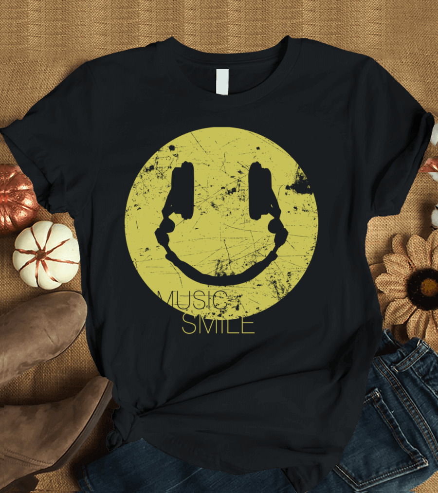 Music Smile Grunge Headphones Yellow Face T-Shirt