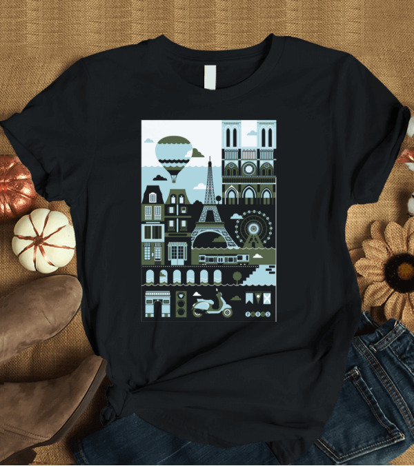 T-Shirt: Paris Eiffel Tower Notre Dame Hot Air Balloon Ferris Wheel Scooter Icon Montage T-Shirt Paris Eiffel Tower Notre Dame Hot Air Balloon Ferris Wheel Scooter Icon Montage T-Shirt
