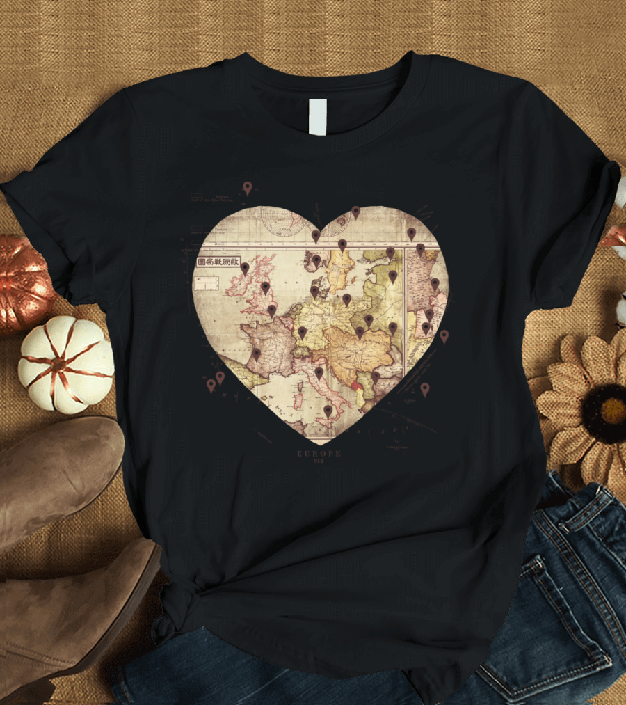 Love To Travel Europe Heart Map Adventure T-Shirt