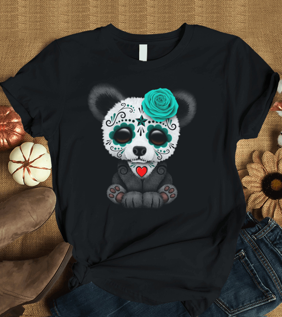Day of the Dead Teal Sugar Skull Panda with Flower T-Shirt
