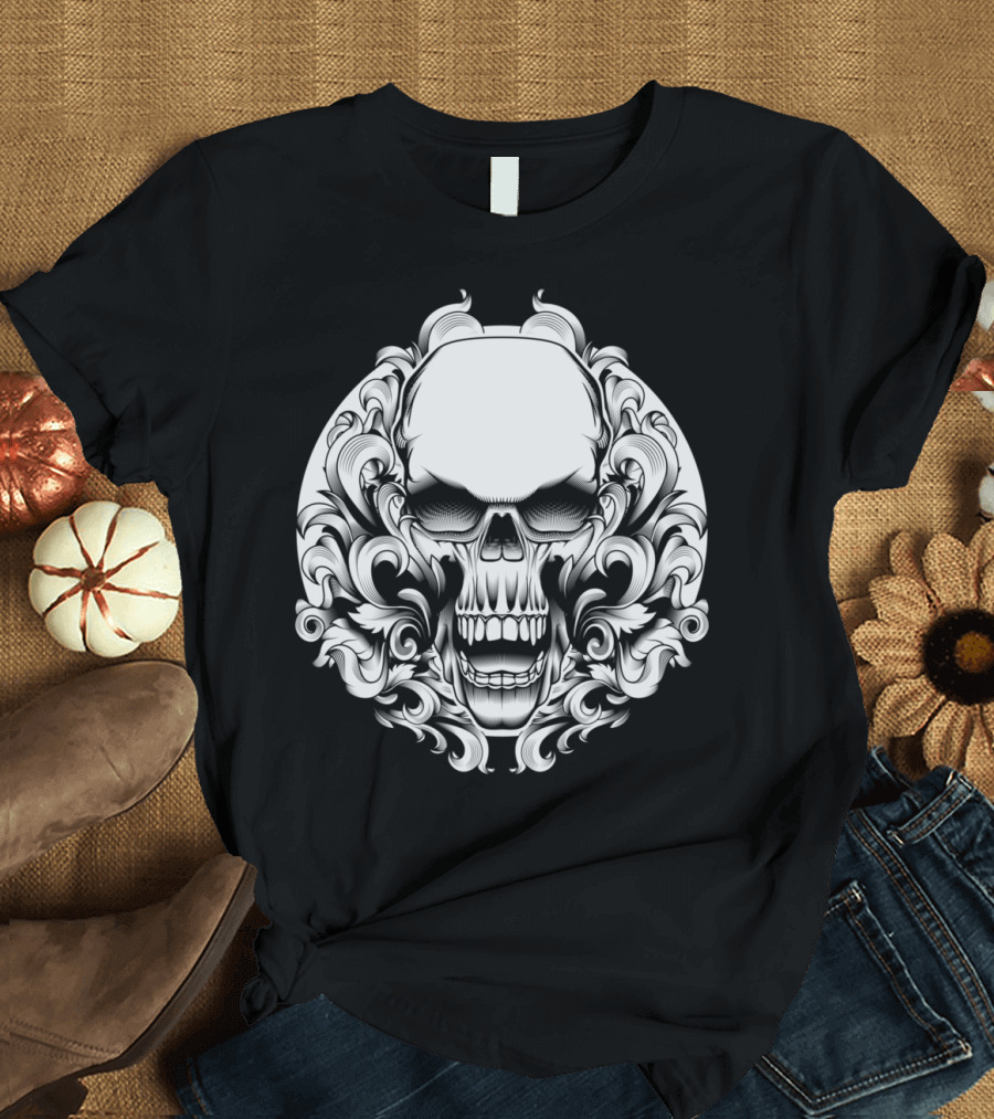 Skull Acanthus Filigree Head Horns Symmetrical T-Shirt