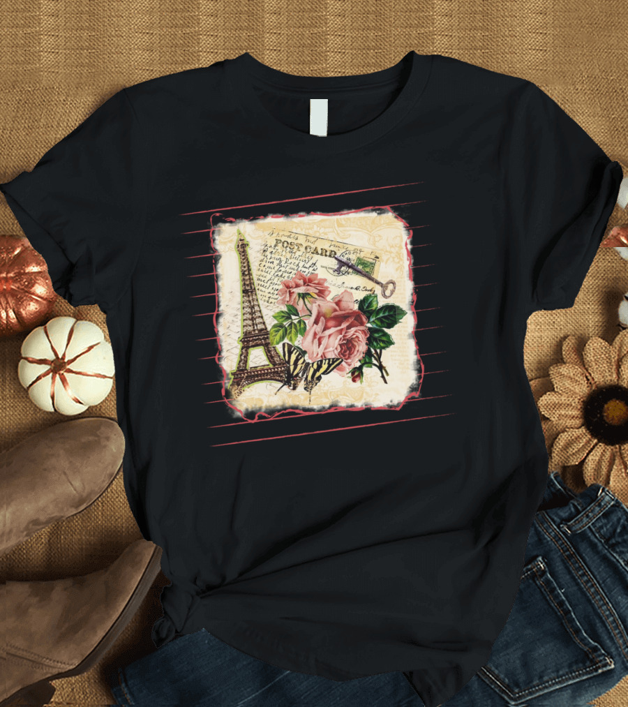 Paris Eiffel Tower Roses Postcard T-Shirt