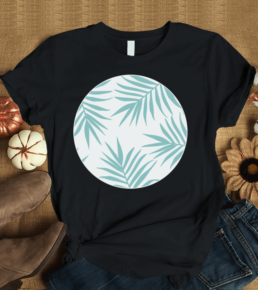 Delicate Green Tropical Leaves Pattern on Light Circular Background T-Shirt
