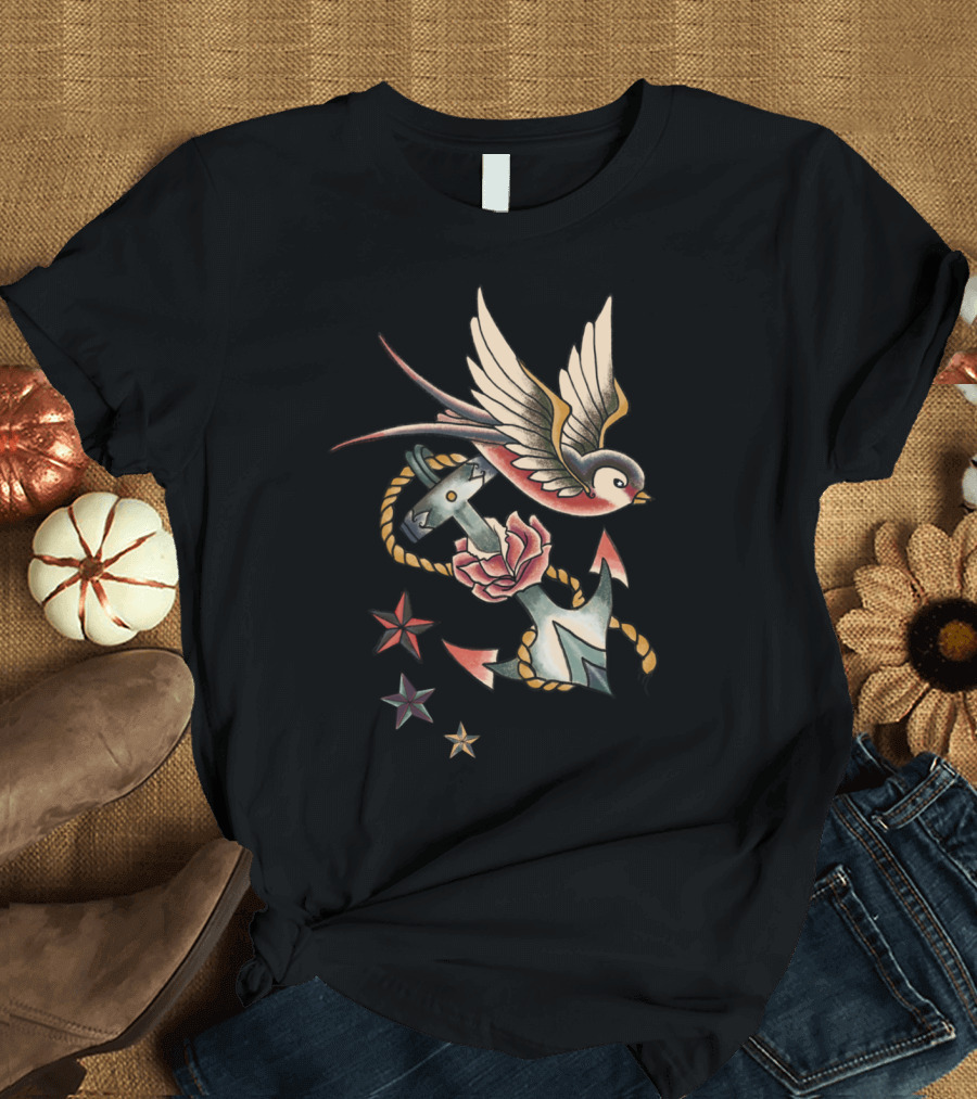 Retro Tattoo Anchor and Swallow with Stars and Rope T-Shirt