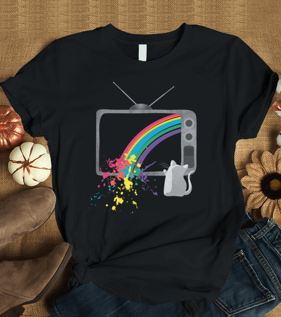 Retro TV Rainbow Splash With Cat T-Shirt