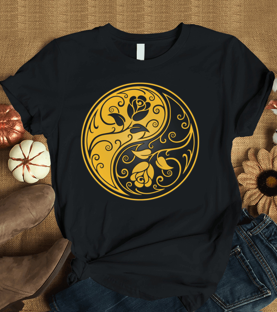 Yellow Black Yin Yang Roses T-Shirt
