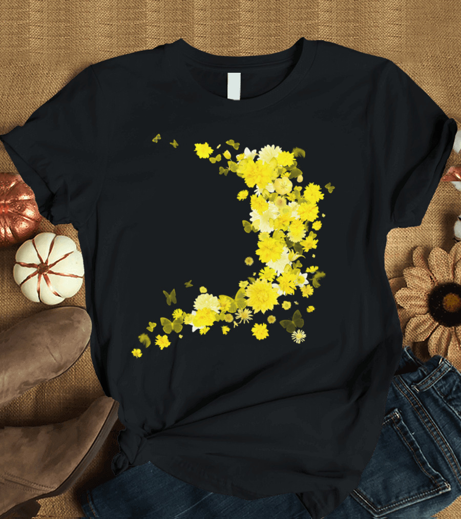 Yellow Flower Blossoms and Butterflies Breeze Crescent Formation T-Shirt