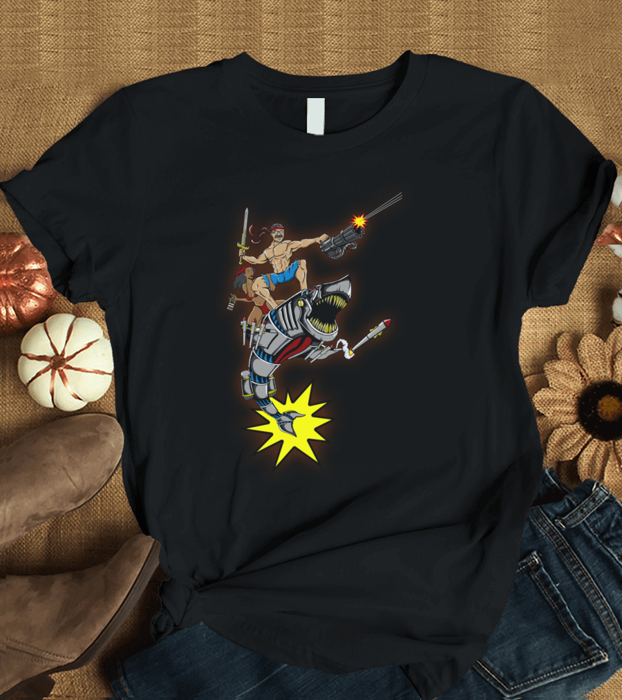 Nothing More Manly Warrior Riding Mechanical Shark with Sword and Gun T-Shirt