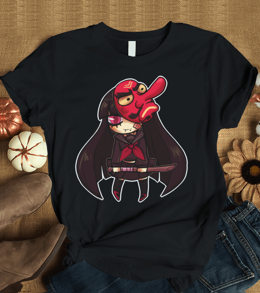Tengu Girl Anime Character with Red Mask and Sword T-Shirt
