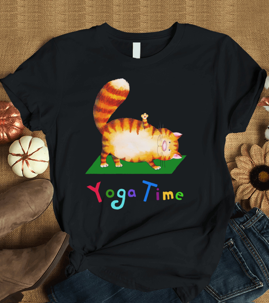 Yoga Time Cat on Mat Playful Stretching T-Shirt
