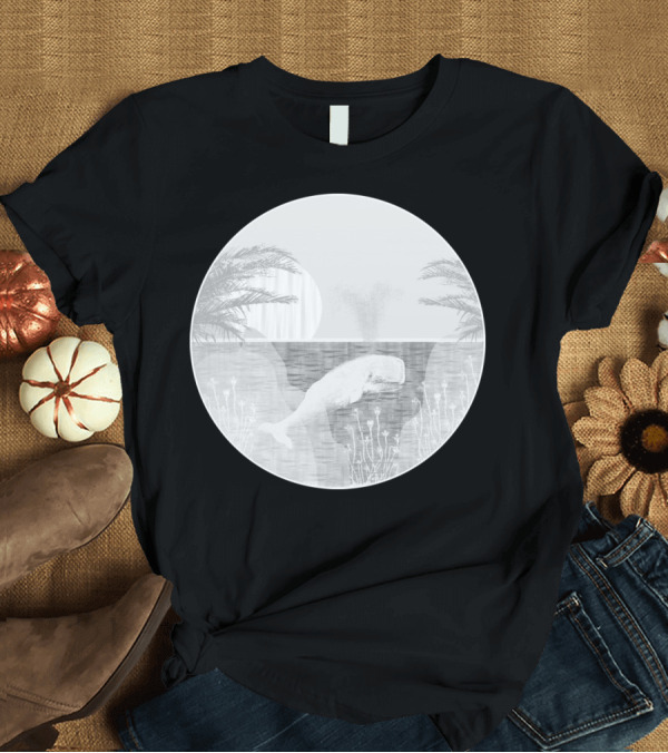 T-Shirt: Tropical Black And White Whale with Palm Trees and Sunset T-Shirt Tropical Black And White Whale with Palm Trees and Sunset T-Shirt