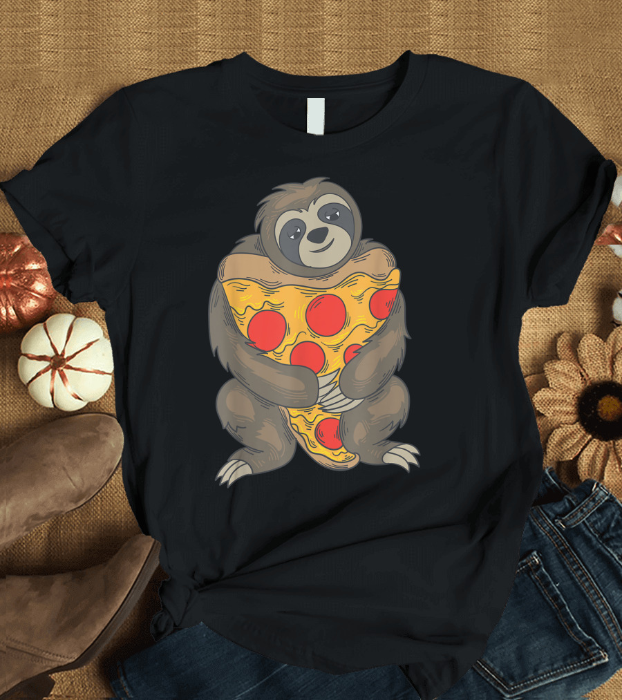 Cute Sloth Hugging Pizza Pie Funny Love Sluggish Pizza T-Shirt