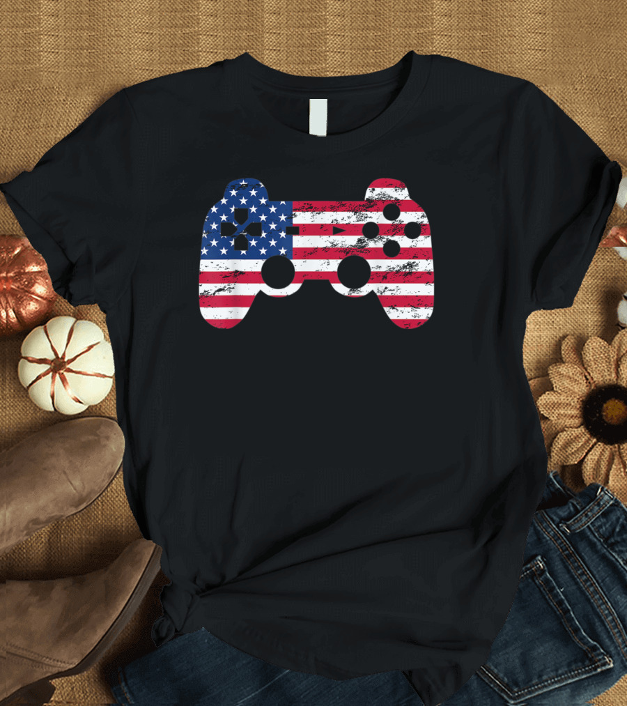4th of July American Flag Video Game Controller Gamer T-Shirt