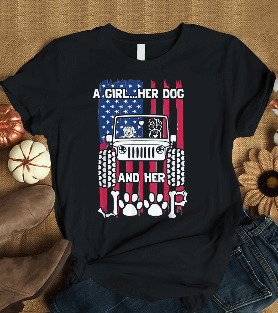 A Girl Her Dog And Her Jeep American Flag Golden Dog T-Shirt