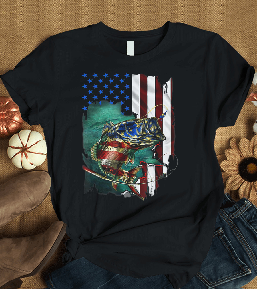 Bass Fishing American Flag Patriotic 4th of July T-Shirt